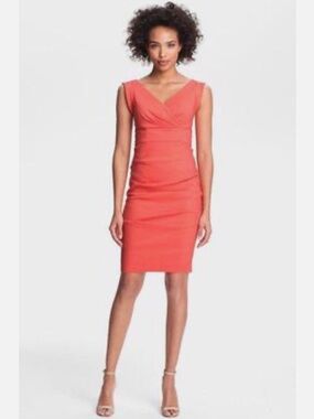 Nicole Miller Coral Cap-Sleeve V-Neck Sheath Dress